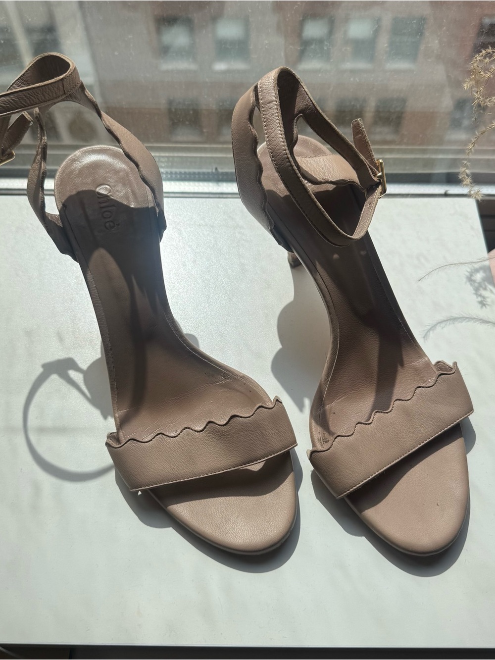 Chloe Scalloped Ankle-Strap Heels - Taupe